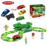 OBL10035070 - 越野色可更换车壳恐龙拼装轨道电动车（配1只车+3个车壳，轨道片130片，4只PVC人偶）电动车需用1节AAA电池，不包电