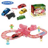 OBL10035071 - 粉红色可更换车壳恐龙拼装轨道电动车（配1只车+3个车壳，轨道片130片，4只PVC人偶）电动车需用1节AAA电池，不包电