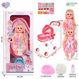 OBL10155274 - 14寸16声女娃喝水撒尿，配奶瓶，尿盆，尿片，铁制推车（衣服两款混装）