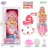 OBL10155278 - 14寸16声女娃喝水撒尿，配奶瓶，尿盆，尿片，铁制推车（衣服两款混装）