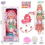 OBL10155281 - 14寸16声女娃喝水撒尿，配奶瓶，尿盆，尿片，铁制推车（衣服两款混装）