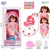 OBL10155293 - 14寸16声女娃喝水撒尿，配奶瓶，尿盆，尿片，铁制推车（衣服两款混装）