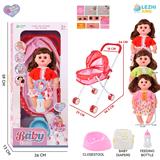 OBL10155296 - 14寸16声女娃喝水撒尿，配奶瓶，尿盆，尿片，铁制推车（衣服三款混装）