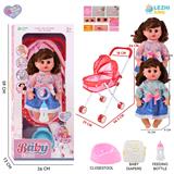 OBL10155304 - 14寸16声女娃喝水撒尿，配奶瓶，尿盆，尿片，铁制推车（衣服两款混装）