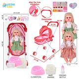 OBL10155340 - 14寸16声女娃喝水撒尿，配奶瓶，尿盆，尿片，铁制推车（衣服两款混装）