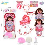 OBL10155362 - 14寸16声女娃喝水撒尿，配奶瓶，尿盆，尿片，铁制推车（衣服两款混装）