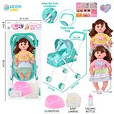 OBL10159196 - 14寸16声女娃喝水撒尿，配奶瓶，尿盆，尿片，铁制推车（衣服两款混装）