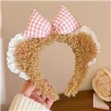 OBL10387330 - 咖腮红格子蝴蝶结毛绒发箍