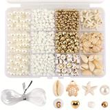 OBL10400864 - 4mm米珠/金珠+字母珠+8mm珍珠+隔珠+海星海龟贝壳+线12格