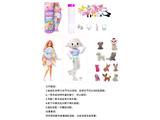 OBL10459001 - 15代高档惊喜11.5寸12关节实身棉羔羊萌宠芭比带1套动物毛绒时装衣服。带发夹，手提包，鞋子。项链4款配件。另外带一只随机小动物有2套衣服