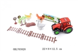 OBL703820 - Small inertia farmer car. 2. 2 of the sign. Fence. Stone. Chickens, ducks and geese