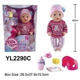 OBL996276 - 娃娃有喝水尿尿功能，打开娃娃身体开关，触摸脸部有笑声，按左手发出三个不同声源，按肚子按键发出小便的声源，用奶嘴靠近娃娃嘴部有吸奶的声源，吸奶12秒后，发出呼吸声和睡眠曲